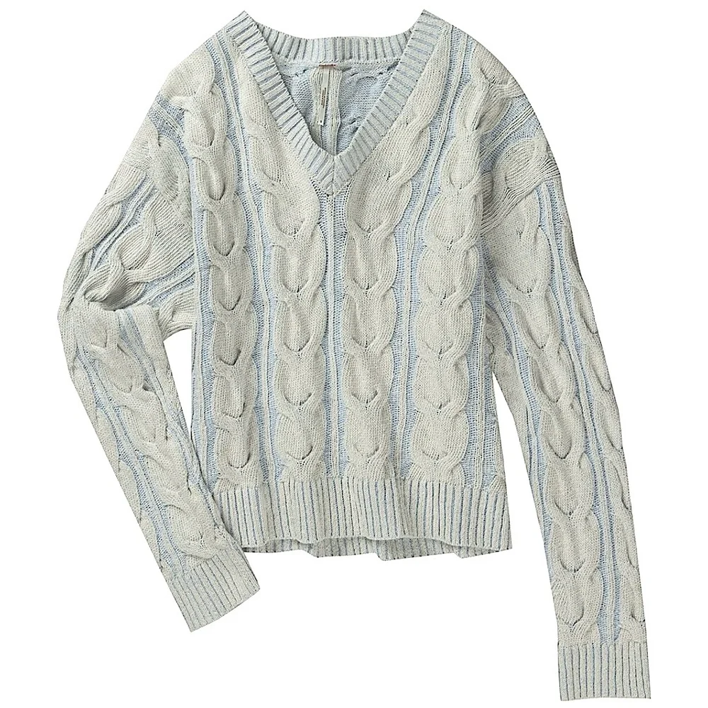 NWOT Free People Washed Cable V-Neck Sweater Pale Blue